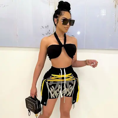 Women Edgy Street Multicolor Bandage Lace Up Color Blocking Design Shorts