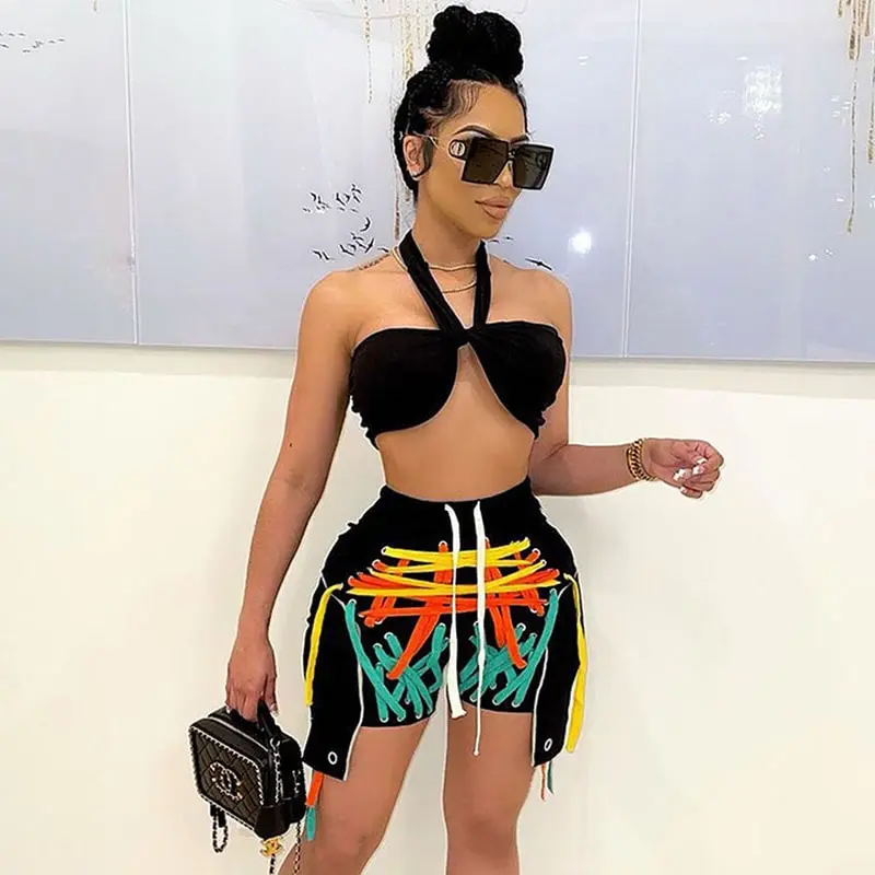 Women Edgy Street Multicolor Bandage Lace Up Color Blocking Design Shorts