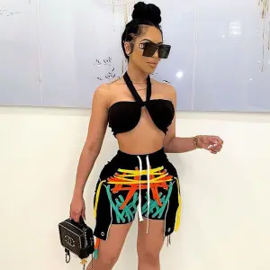 Women Edgy Street Multicolor Bandage Lace Up Color Blocking Design Shorts