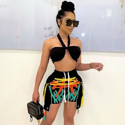 Women Edgy Street Multicolor Bandage Lace Up Color Blocking Design Shorts