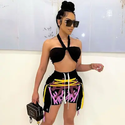 Women Edgy Street Multicolor Bandage Lace Up Color Blocking Design Shorts