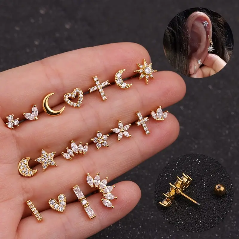 Women's Creative Geometric Design Zircon Decorative Alloy Piercing Ear Bone Studs
