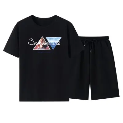 Men Casual Short Sleeve Round Neck Pattern Print T-shirt And Shorts Two-piece Set