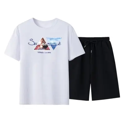 Men Casual Short Sleeve Round Neck Pattern Print T-shirt And Shorts Two-piece Set