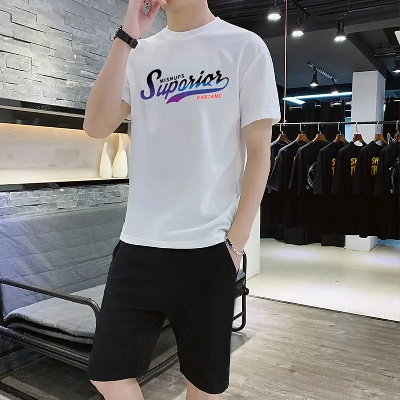 Men Casual Short Sleeve Round Neck Pattern Print T-shirt And Shorts Two-piece Set