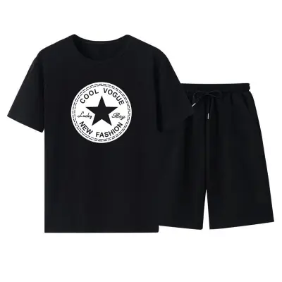 Men Casual Short Sleeve Round Neck Pattern Print T-shirt And Shorts Two-piece Set