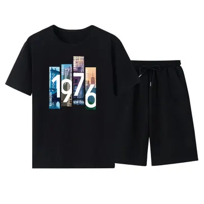 Men Casual Short Sleeve Round Neck Pattern Print T-shirt And Shorts Two-piece Set