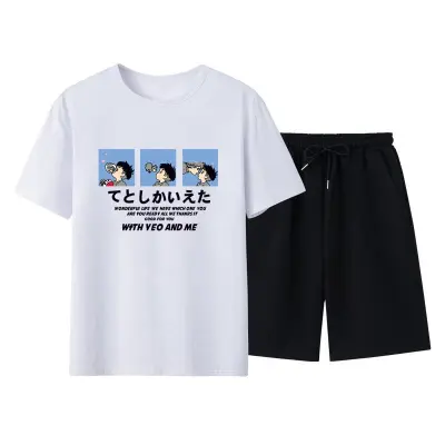 Men Casual Short Sleeve Round Neck Pattern Print T-shirt And Shorts Two-piece Set