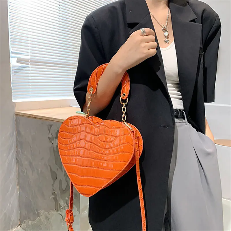 Women Creative Solid Color Stone Pattern Heart Shape Crossbody Handle Bag