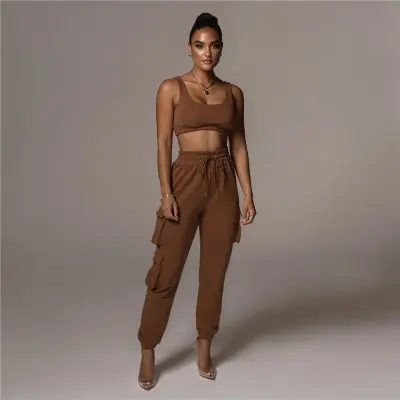 S-5XL Women's Street Style Solid Color Tank Top and Pants Set - Charcoal Fiber