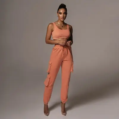 S-5XL Women's Street Style Solid Color Tank Top and Pants Set - Charcoal Fiber