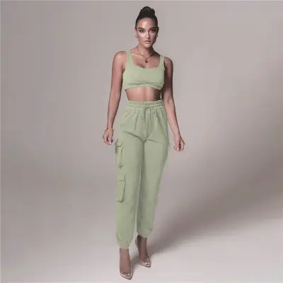 S-5XL Women's Street Style Solid Color Tank Top and Pants Set - Charcoal Fiber
