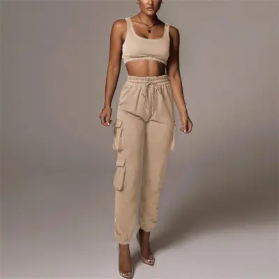 S-5XL Women's Street Style Solid Color Tank Top and Pants Set - Charcoal Fiber