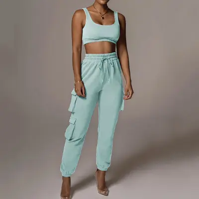 S-5XL Women's Street Style Solid Color Tank Top and Pants Set - Charcoal Fiber