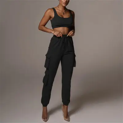 S-5XL Women's Street Style Solid Color Tank Top and Pants Set - Charcoal Fiber