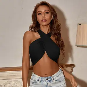 XS-L Women Sexy Solid Color Halter Neck Knotted Top
