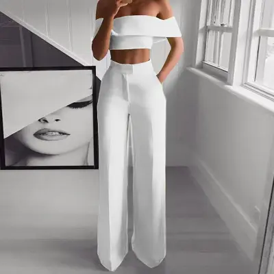 S-XL Women Off-Shoulder Top Wide Leg Trousers Two Piece Set