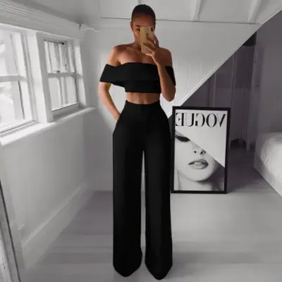 S-XL Women Off-Shoulder Top Wide Leg Trousers Two Piece Set