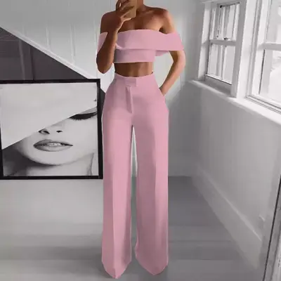 S-XL Women Off-Shoulder Top Wide Leg Trousers Two Piece Set