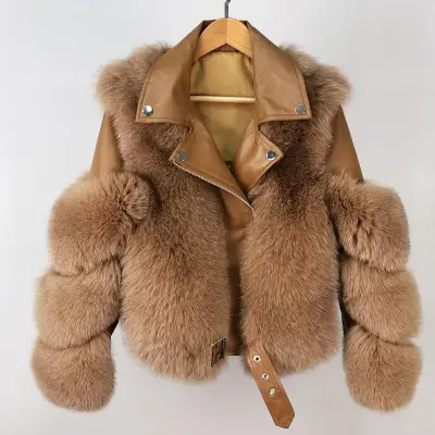 Women Casual Winter Lapel Solid Color Plush Teddy Coat with PU Leather Patchwork and Zipper Closure