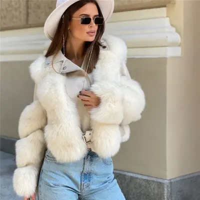 Women Casual Winter Lapel Solid Color Plush Teddy Coat with PU Leather Patchwork and Zipper Closure