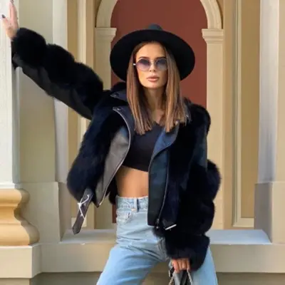 Women Casual Winter Lapel Solid Color Plush Teddy Coat with PU Leather Patchwork and Zipper Closure