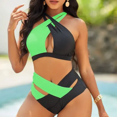 Women Sexy Halter Neck Color Blocking Cut Out Swimwear Two Pieces Set