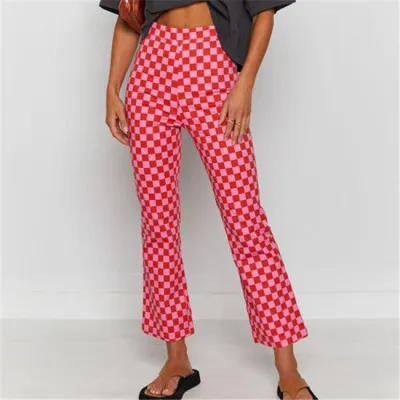 S-XL Women Casual Plaid Printing Straight Cropped Pants