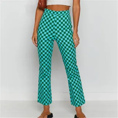 S-XL Women Casual Plaid Printing Straight Cropped Pants