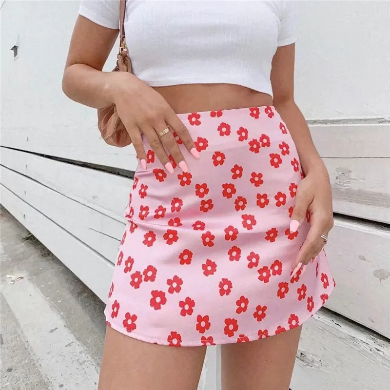 XS-XL Women Floral Print Satin Skirt Fresh Sweet Style