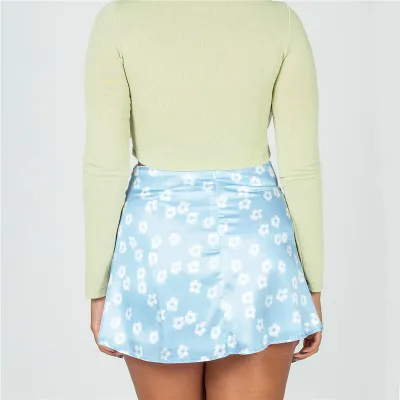 XS-XL Women Floral Print Satin Skirt Fresh Sweet Style