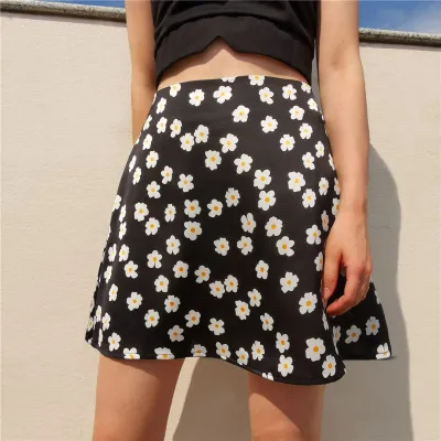 XS-XL Women Floral Print Satin Skirt Fresh Sweet Style