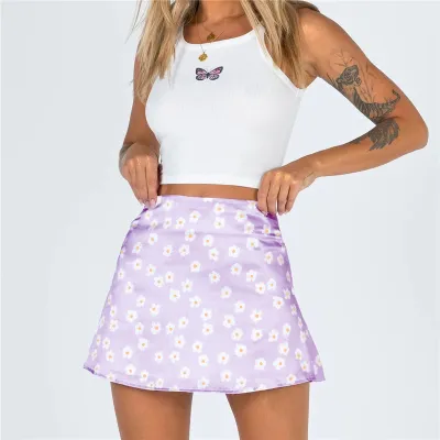 XS-XL Women Floral Print Satin Skirt Fresh Sweet Style