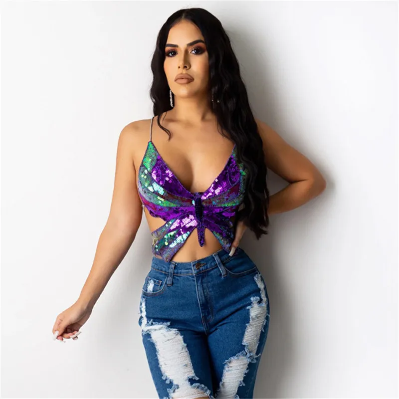 S-L Women Sexy Backless Sequins Butterfly Crop Top