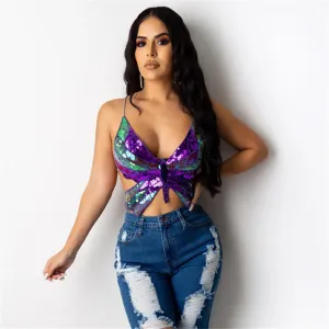 S-L Women Sexy Backless Sequins Butterfly Crop Top