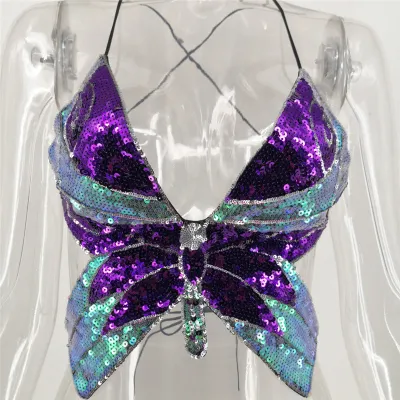 S-L Women Sexy Backless Sequins Butterfly Crop Top