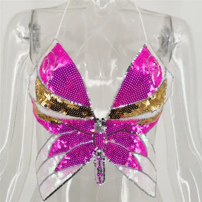S-L Women Sexy Backless Sequins Butterfly Crop Top