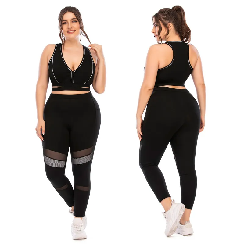 L-3XL Women Plus Size V Neck Sport Bras And Leggings Two Pieces Set