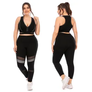 L-3XL Women Plus Size V Neck Sport Bras And Leggings Two Pieces Set