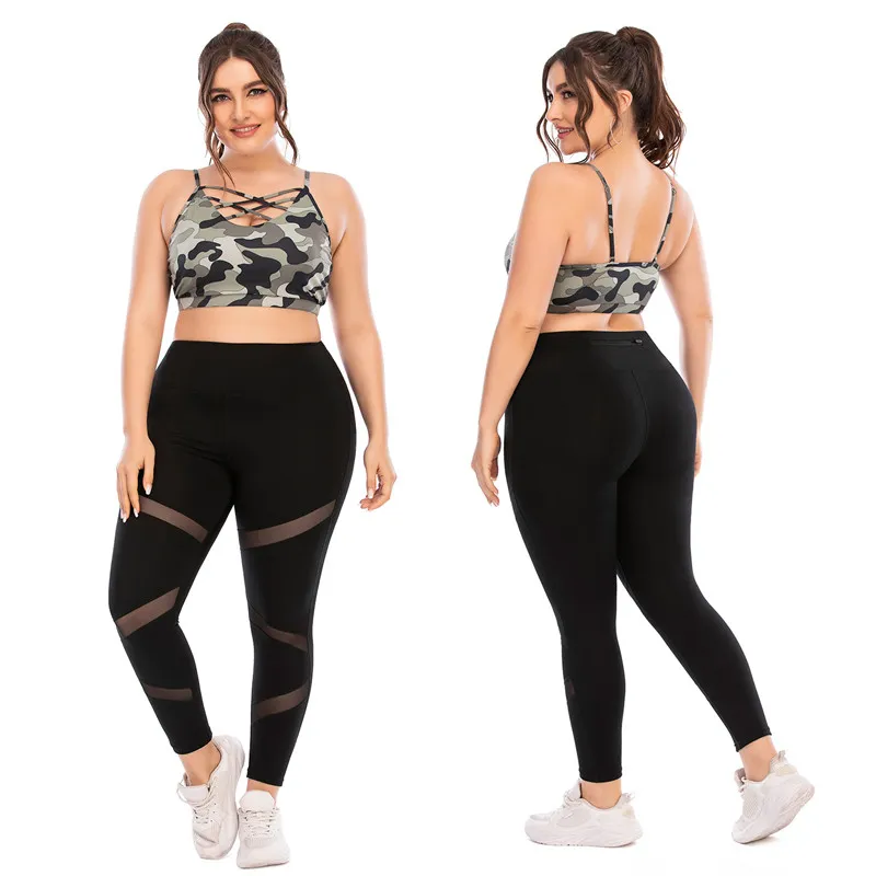 L-3XL Women Plus Size Camouflage Sport Bras And Patchwork Pants Two Pieces Set
