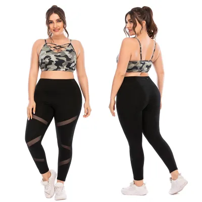 L-3XL Women Plus Size Camouflage Sport Bras And Patchwork Pants Two Pieces Set