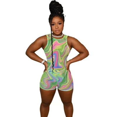 S-2XL Women Fashion Tie-dye Printing Mesh Rompers