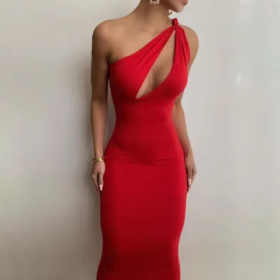 S-L Women Sexy Solid Color Oblique Shoulder Cut Out Midi Dress