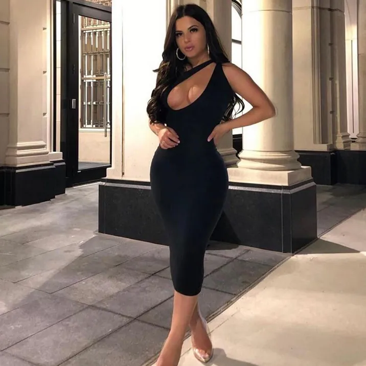 S-L Women Sexy Solid Color Oblique Shoulder Cut Out Midi Dress
