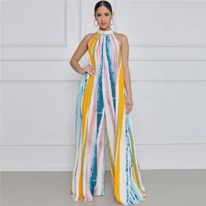S-XL Women Fashion Color Blocking Wide Leg Jumpsuits
