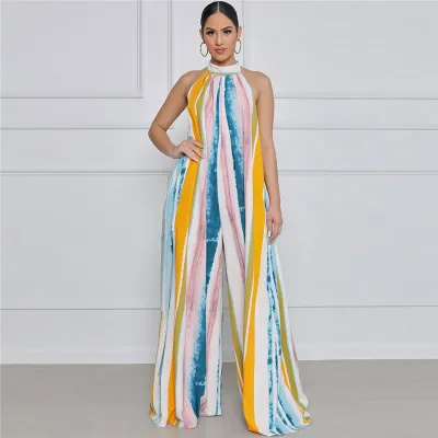 S-XL Women Fashion Color Blocking Wide Leg Jumpsuits