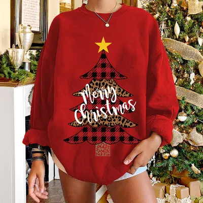 S-2XL Women Fashion Christmas Tree Printing Loose Crew Neck Cotton Sweatshirt