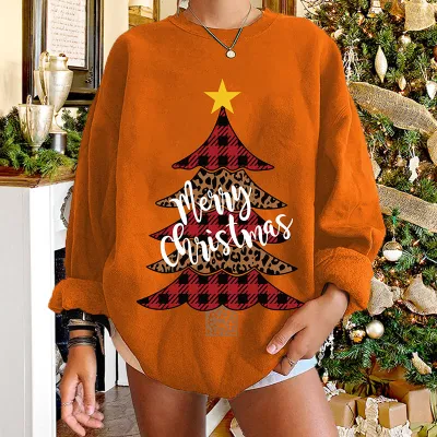 S-2XL Women Fashion Christmas Tree Printing Loose Crew Neck Cotton Sweatshirt