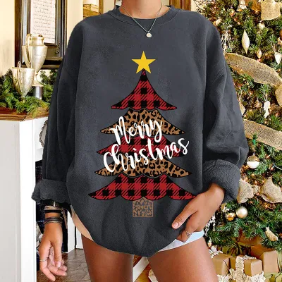 S-2XL Women Fashion Christmas Tree Printing Loose Crew Neck Cotton Sweatshirt
