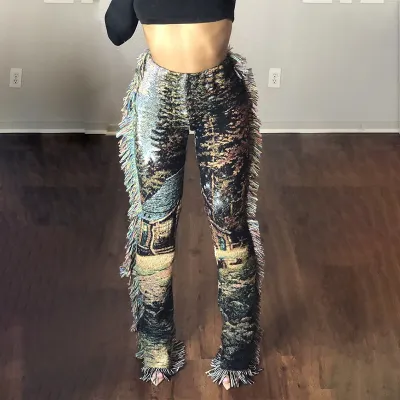 S-2XL Women Fashion Velvet Tassel Straight Pants